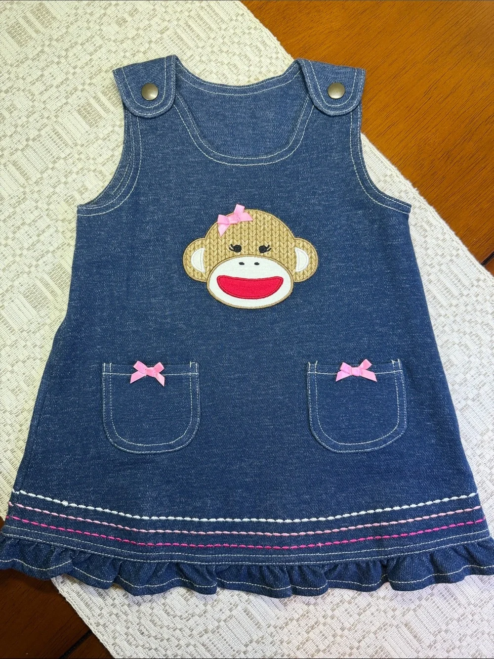 Sleeveless Girl's Dress with Sock Monkey Applique and Pink Accents